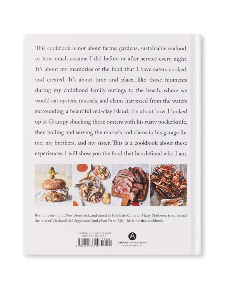 Cookbook back cover with text and food images