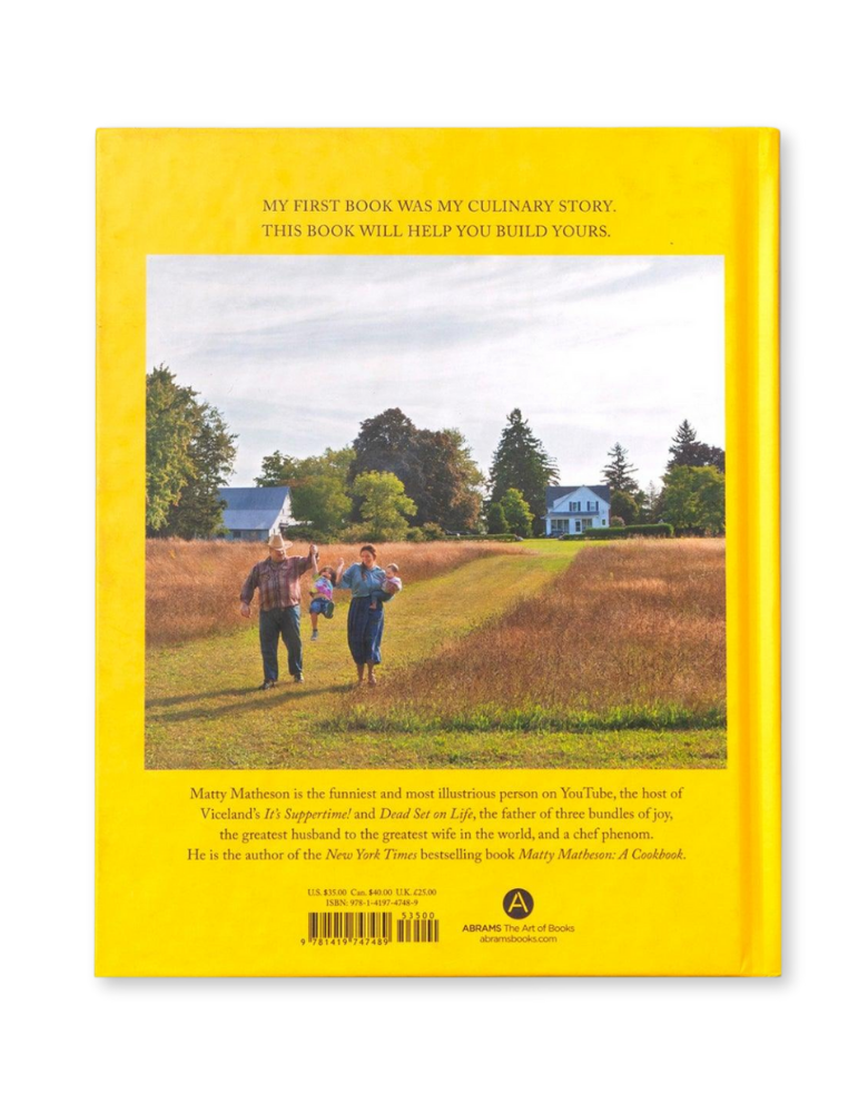 Back book cover with a yellow background and a photo of two people walking in a field.