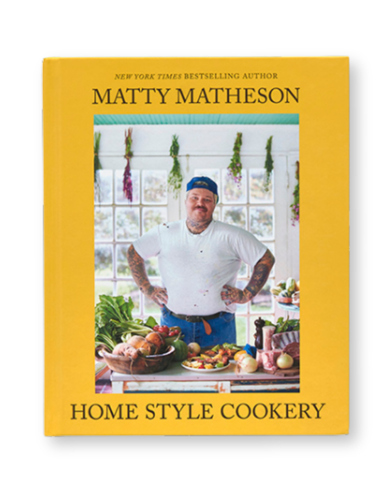 A cover image of the cookbook titled 'Matty Matheson: Home Style Cookery', featuring a photograph of Matty Matheson in a kitchen setting with a variety of vegetables and kitchenware.